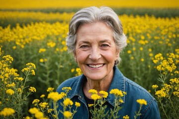 Portrait of smiling senior woman in field of wild mustard