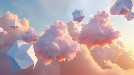 A group of floating clouds with geometric shapes   AI generated illustration - Powered by Adobe