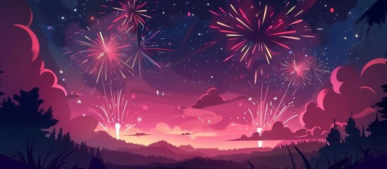 Colorful cartoon fireworks bursting in the dark sky, creating a dazzling display of light and color