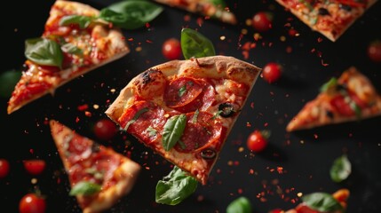 A group of flying pizza slices with various toppings   AI generated illustration