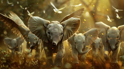 A herd of tiny elephants with wings flapping gracefully   AI generated illustration
