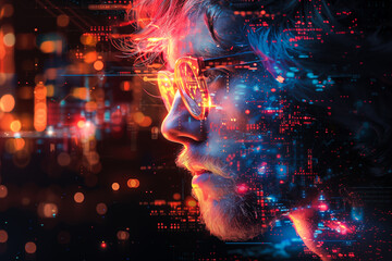 The hacker is stealing sensitive data from the network on colourful cyber technology background.