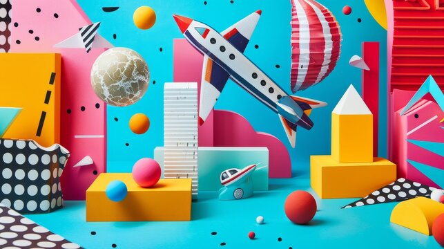 A playful composition of isolated flying objects in a colorful Memphis style   AI generated illustration