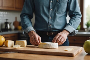 Anonymous crop male with folded sleeves standing at reflecting surface kitchen table while cutting cheese against blurred background in daylight - Powered by Adobe