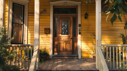 Wooden front door of a home. Front view of a wooden front door on a yellow house with reflections in the window and a wide view of the porch and front walkway. Horizontal shot,. Front view 
