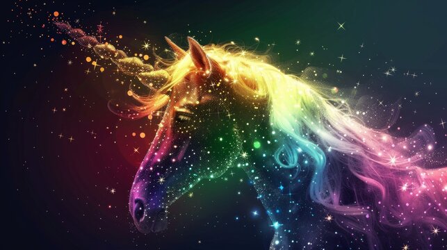 A rainbow-colored unicorn horn with glittering stars around it   AI generated illustration