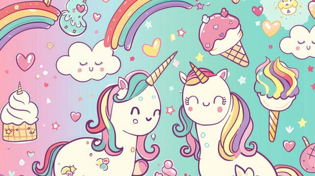 illustration of cute unicorn princess cartoon with rainbow, hearts and ice cream on blue sky stars background created with Generative AI Technology