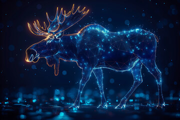 Intricate wireframe depiction of a moose on a dark blue background, showcasing a complex web of geometric lines that create a stunning, minimalist design ideal for modern and artistic digital projects