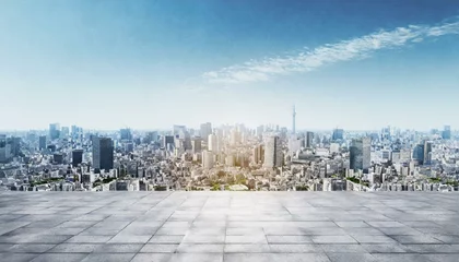 Foto auf Leinwand Cityscape Elegance: Stone Panel Ground with Panoramic Tokyo Sky © Behram
