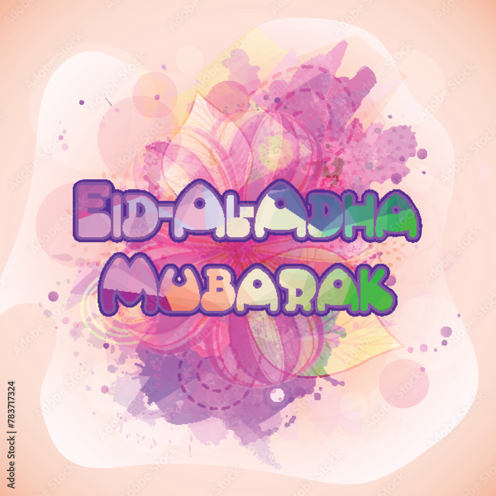 Poster stylish text eid-al-adha mubarak on abstract splash background, vector greeting card for muslim comm