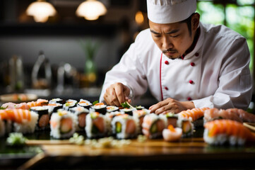 A sushi chef, meticulously garnishing delicate sushi rolls, showcases the exquisite art of Japanese cuisine preparation on a bamboo mat.