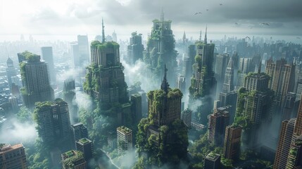 A dystopian city where nature reclaims skyscrapers, and tribes navigate the urban jungle with parkour skills  - obrazy, fototapety, plakaty