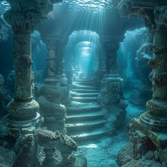 A hidden underwater temple of Poseidon, with corridors lit by bioluminescent algae and guarded by mermaids - obrazy, fototapety, plakaty