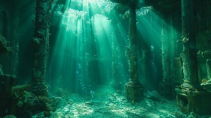A dystopian underwater society where humans live in harmony with marine life, under a dome of water and light - obrazy, fototapety, plakaty