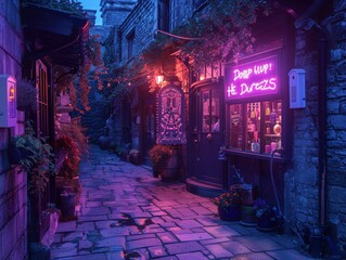 A magical potion shop in an old European alley, selling dreams and curses under a glowing sign