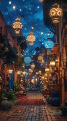 A magical Moroccan souk at night, where carpets fly and lamps guide to hidden treasures, under starlight 