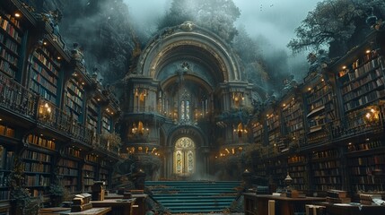 An interdimensional library, where books open portals to other worlds, watched over by a timeless librarian - obrazy, fototapety, plakaty