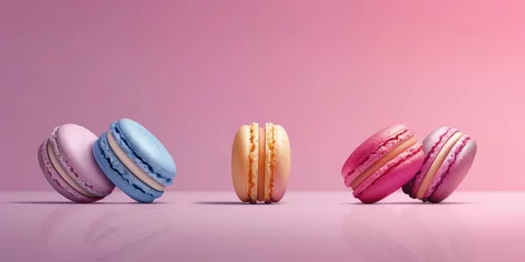 Foto auf Leinwand French macaron biscuit assortment on pastel pink background. minimalist colorful concept of macaroon sandwich cookie from France with copy space, lying in row © igorfrost
