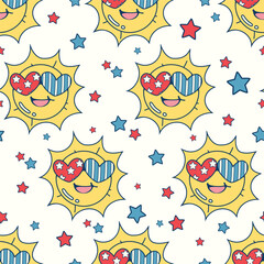 Seamless pattern of smiling sun wearing sunglasses, This illustration has an American Independence Day theme. Pattern for fabric and wrapping paper, design wallpaper and fashion prints.
