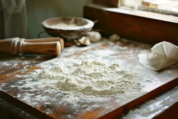 Hefty Bakery flour table rustic. Cooking bake. Generate Ai