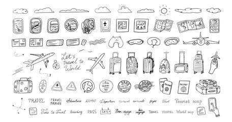 Big set of  travel theme in doodle style. Suitcase, baggage, plane, fly, ticket, postcard, flight, boarding pass, clouds, view from the window, postage stamp, passport stamp, passport. Hand drawn © Natalia