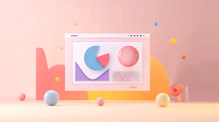 Vibrant illustration displaying a financial chart with abstract shapes, pie chart, bar graph, and 3D orbs on a pastel backdrop Emphasizes data visualization