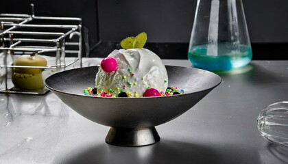 A futuristic bowl of ice cream with molecular gastronomy elements, set in a lab-like kitchen
