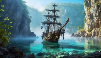 Naklejka premium A ghostly pirate ship anchored in a secret cove, ethereal and foreboding.