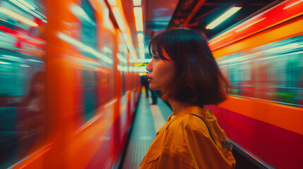 A girl stands on the subway platform, facing away from camera, waiting for her train to take off. The background is blurred with orange and blue tones. In front of it there's an empty space between 