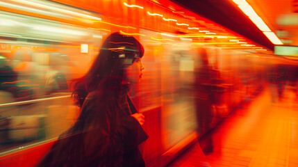 A girl stands on the subway platform, facing away from camera, waiting for her train to take off. The background is blurred with orange and blue tones. In front of it there's an empty space between 