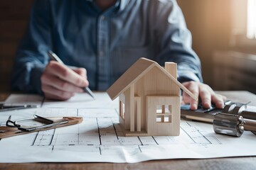 Architect engineer desk with blueprint plans, house model photo