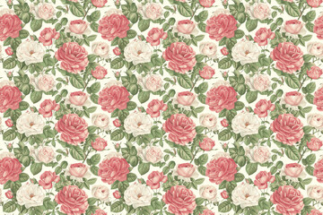 Vintage floral rose pattern with a variety of blooms on a neutral background