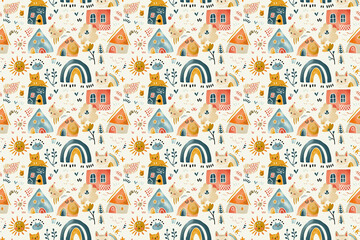 Playful kids and houses pattern with whimsical elements on a cream backdrop. Elements: little kitten, plants, blooming flowers