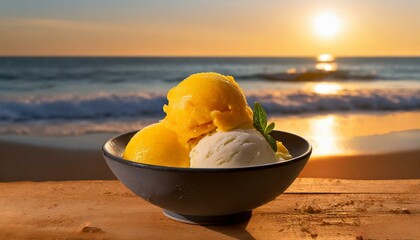 A vibrant bowl of lemon gelato, placed on a sandy beach table with the sea waves and sunset 