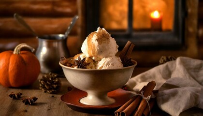 An autumn-themed bowl of ice cream with flavors like pumpkin spice and apple cinnamon - Powered by Adobe