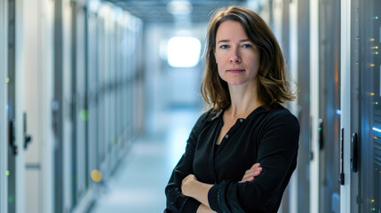 Obraz premium portrait of smiling middle-aged business woman with long brown hair working in the background of a bright and large server data center in charge as CTO company