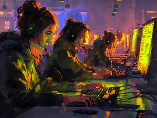 A group of people are sitting at computers with headphones on. Scene is focused and serious