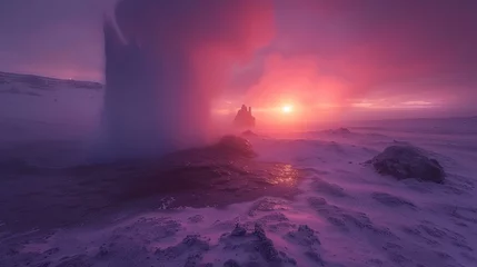 Crédence de cuisine en verre imprimé Aubergine An enchanting image of Icelandic geysers erupting against a twilight sky, capturing the magic of nature