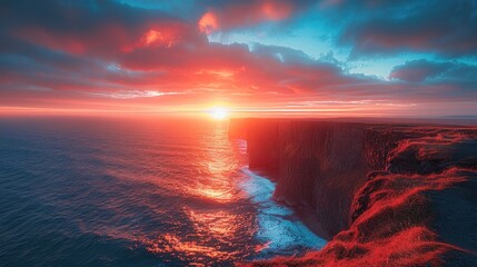 A breathtaking image of Icelandic coastal cliffs against a vibrant sunset sky