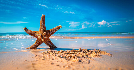 Starfish on Beach With Ocean Background - obrazy, fototapety, plakaty