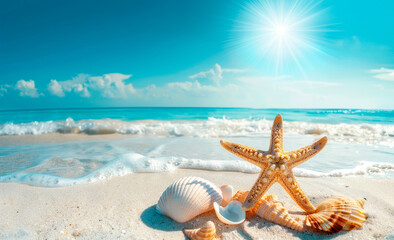 Fototapeta na wymiar Serene Beachscape With Starfish and Shells on Sunny Day