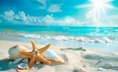 Fototapeta na wymiar Starfish and Seashells Basking in Sunlight on a Pristine Beach at Midday