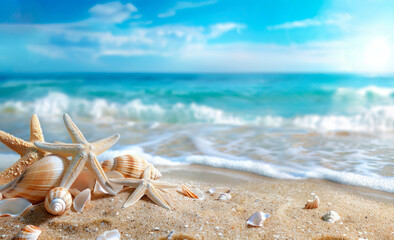 Fototapeta na wymiar Starfish and shells on the shore of a sunny beach