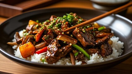  Delicious Asian stirfry with beef and vegetables on a bed of rice