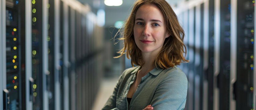 portrait of smiling middle-aged business woman with long brown hair working in the background of a bright and large server data center in charge as CTO company