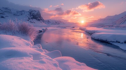 A serene scene of Icelandic highlands blanketed in snow