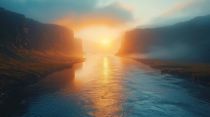 A serene shot of Icelandic fjords bathed in golden sunlight