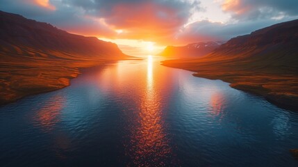 A serene shot of Icelandic fjords bathed in golden sunlight - obrazy, fototapety, plakaty