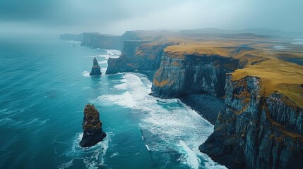 A stunning aerial shot of Iceland's rugged coastline, featuring impeccable image clarity and ideal skin tones against a backdrop of natural wonders.