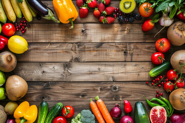 Fresh fruits and vegetables arranged  on rustic wooden background, Vegetable frame for grocery store or healthy diet advertisement. AI Generation - obrazy, fototapety, plakaty